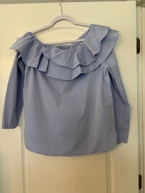 Calvin Klein Light Blue Off-Shoulder Ruffle Blouse